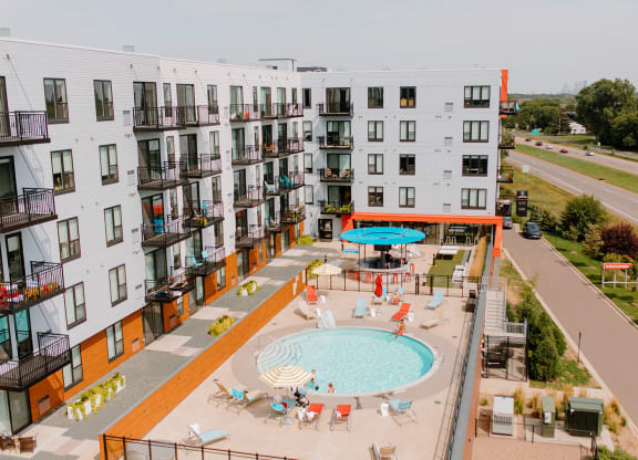 Aerial View Of Pool at Hello Apartments, Minneapolis, MN