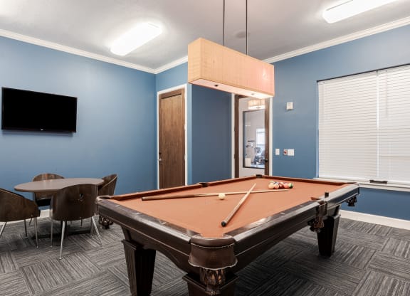 a games room with a pool table and a tv