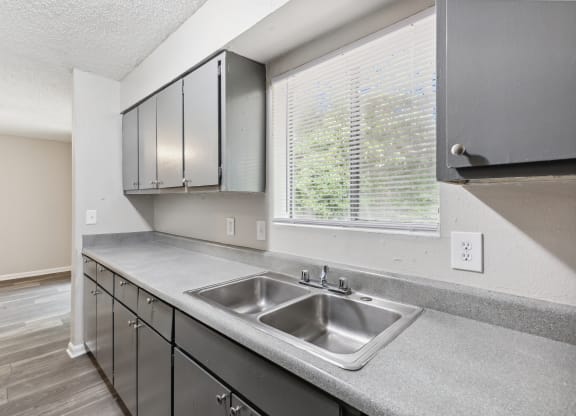 A kitchen with a sink and cabinets.