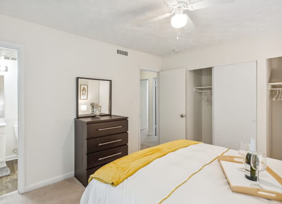 a bedroom with a bed and a dresser and a closet