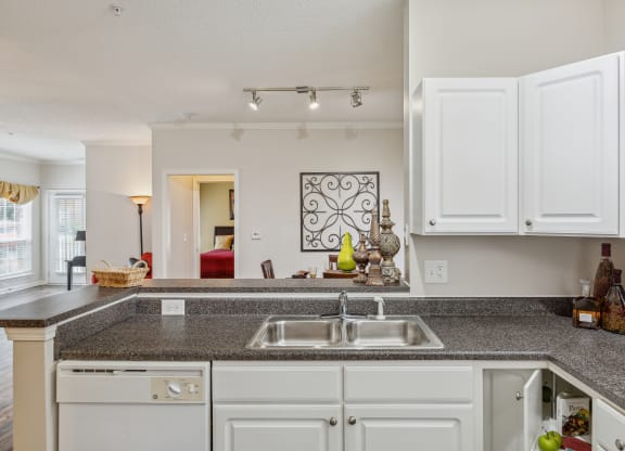 a kitchen with white cabinets and granite counter tops and a sink