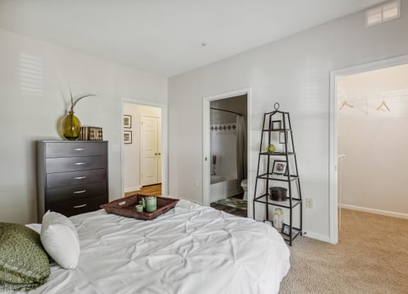 a bedroom with a white bed and a ladder in the closet