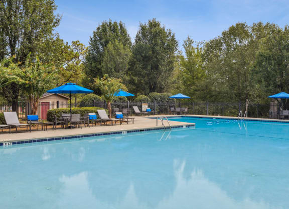a swimming pool with chairs and umbrellas at the resort