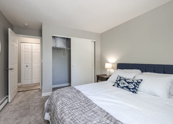 a bedroom with a large bed and a closet