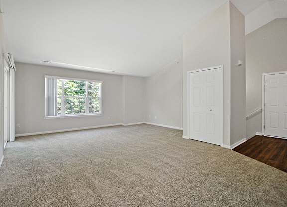 A room with a carpeted floor and a window letting in natural light.