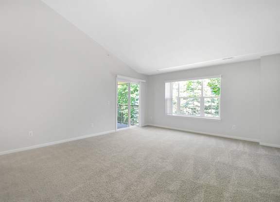 A large, empty room with a carpeted floor and a window with a view of trees.