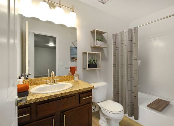 A bathroom with a sink, toilet, and shower.