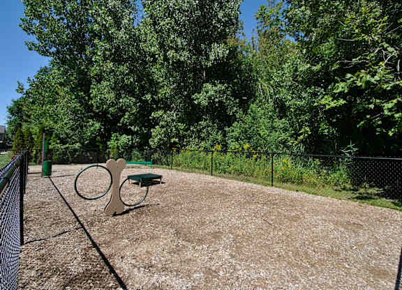 A fully fenced dog park with fun obstacles.