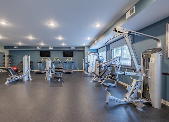 a gym with cardio equipment and weights in a building with blue walls