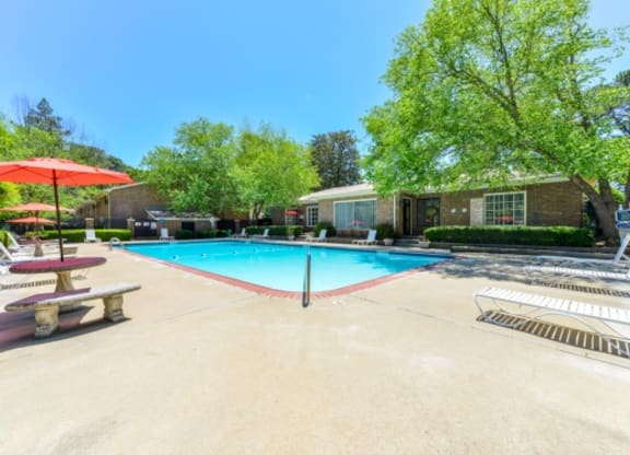 Pool and covered lounge chairs at Stonetree, East Point, Georgia