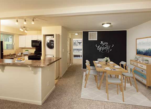 Open kitchen and dining room at Cardiff Hall Apartments, Towson, Maryland