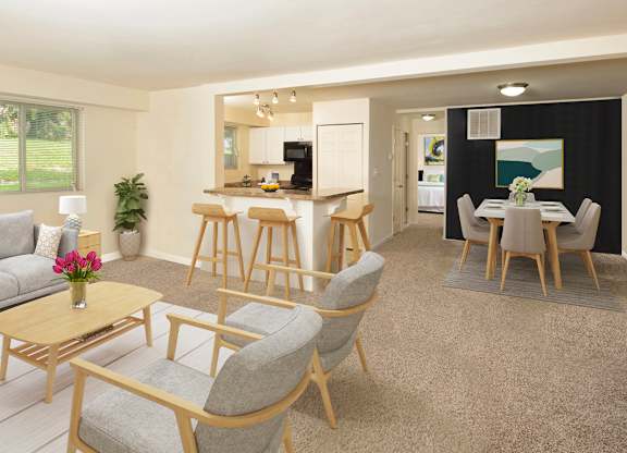 Open living, dining and kitchen area at Cardiff Hall Apartments, Maryland, 21204