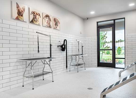 A white tiled room with a table and chairs and pictures of dogs on the wall.