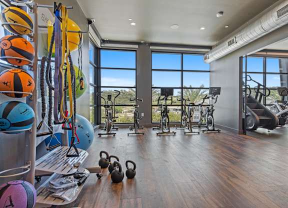A gym with a variety of equipment and a view of the outdoors.