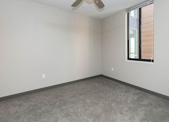 Bright, vacant bedroom with neutral walls and carpet flooring.