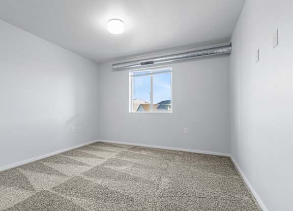 A room with a carpeted floor and a window showing a view of a house.