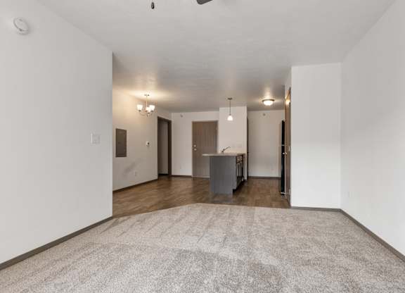 A room with a carpet on the floor and a table with chairs in the middle.