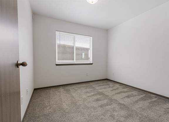 A room with a carpeted floor and a window with blinds.