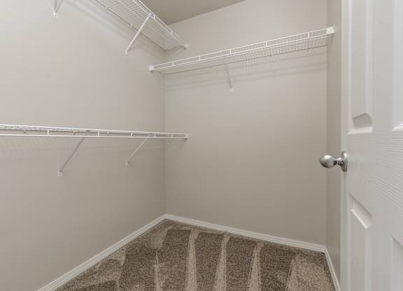 A white closet with a carpeted floor and a white door.