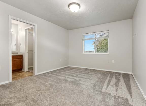 A spacious room with a carpeted floor and a window.