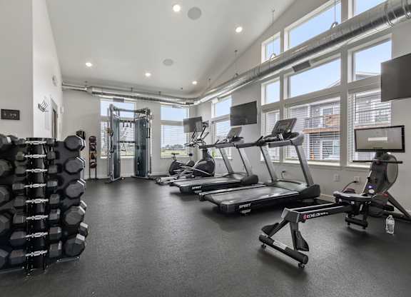 A gym with treadmills, weights, and exercise equipment.