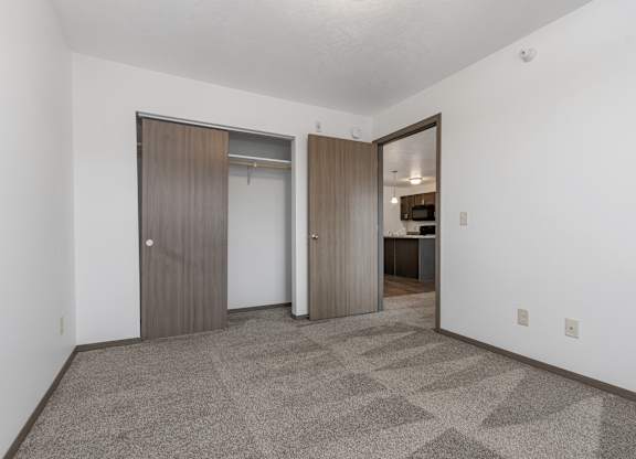 A room with a carpeted floor and two doors.