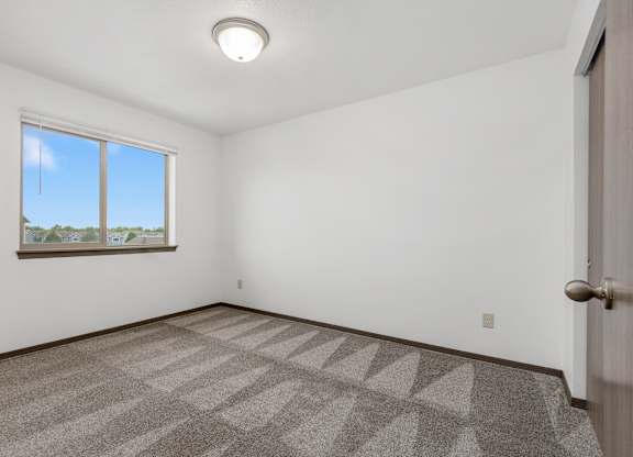 A room with a carpeted floor and a window.
