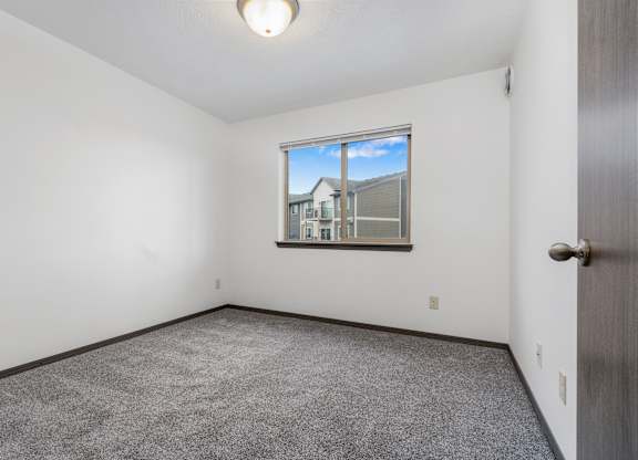 A room with a carpeted floor and a window showing a building outside.