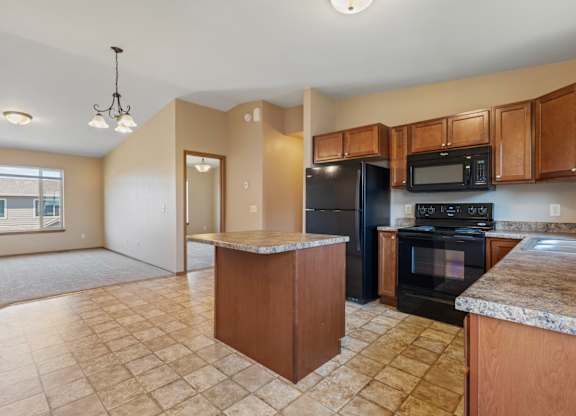 A kitchen with black appliances and wooden cabinets.