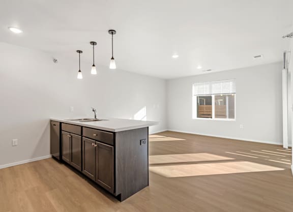 A kitchen with a sink and cabinets is shown.