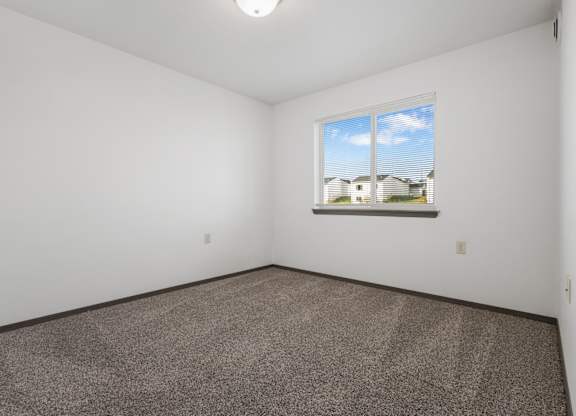 A room with a carpeted floor and a window showing a view of houses.