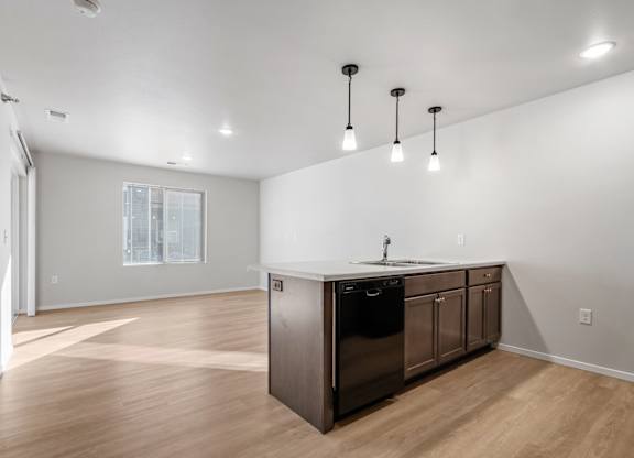 A kitchen with a wooden floor and a black dishwasher.