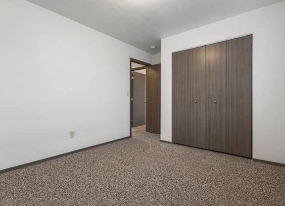 A room with a carpeted floor and a brown door.