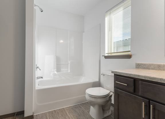 A white toilet sits next to a bathtub in a bathroom.