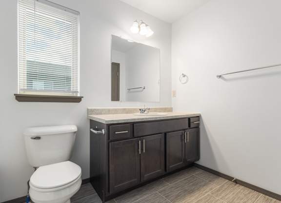 A bathroom with a white toilet, a sink with a counter, and a mirror.