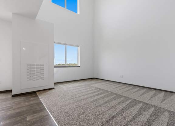 A room with a carpet, a window and a white door.