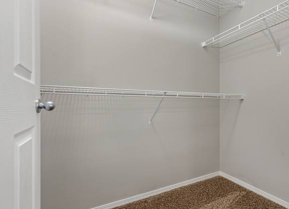 A white closet with a carpeted floor and a white door.