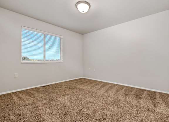 A room with a carpeted floor and a window with blinds.