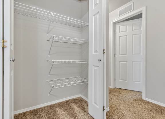 A white pantry with a carpeted floor and a white door.