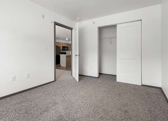 A room with a carpeted floor and two white doors.