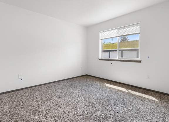 A room with a carpeted floor and a window showing a grassy field outside.