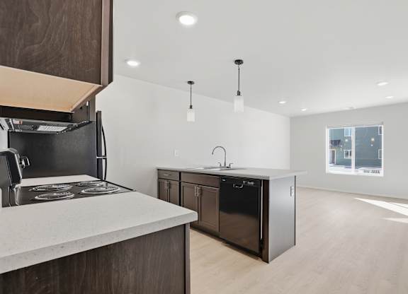 A modern kitchen with a black stove top oven and a black dishwasher.