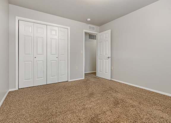 A room with white doors and a brown carpet.