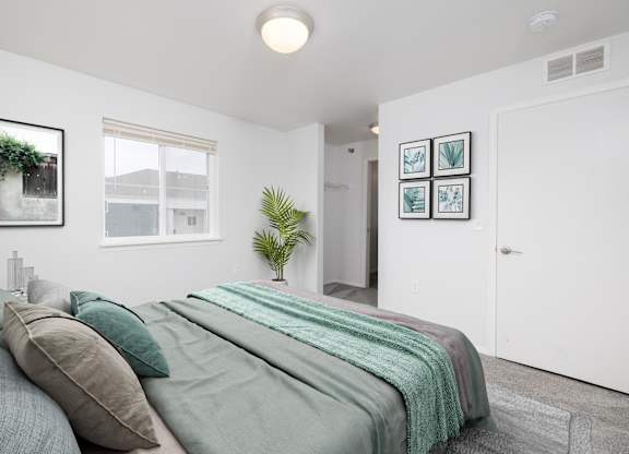 A bedroom with a bed, pillows, and a plant.