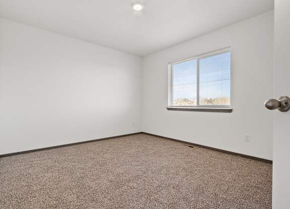 A room with a carpeted floor and a window.