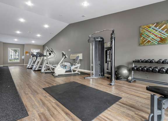 A gym with a variety of equipment including weights and a bench.