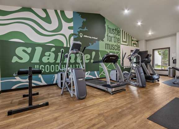 A gym with a green wall and a sign that says "Slainte! Good Health!"