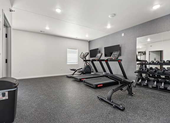A gym with treadmills, exercise bikes, and weights.