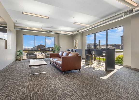 A spacious living room with a brown sofa and a grey carpet.