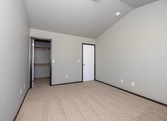 A room with a carpeted floor and a door leading to a closet.